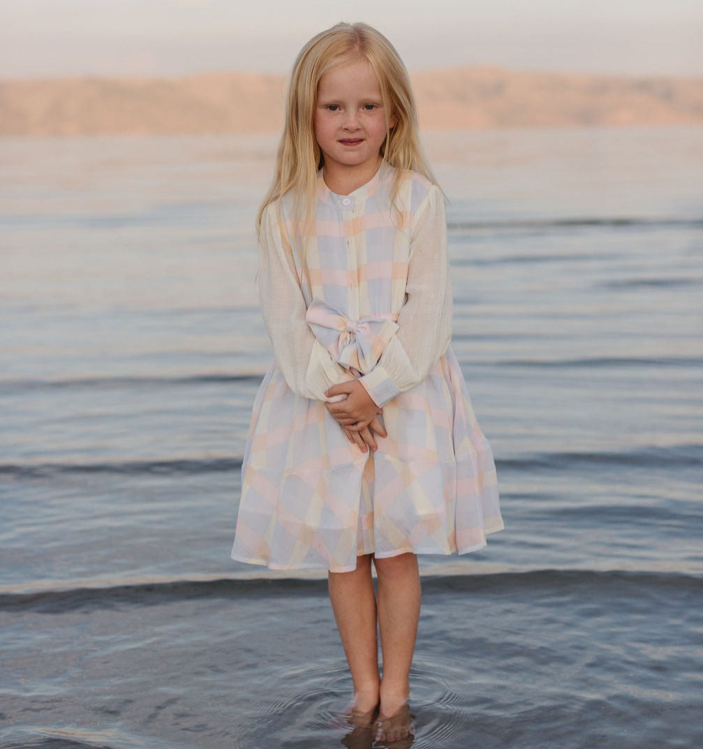 "Graceful Beauty for Little Beauties" – 100% Polyester Comfort and Rayon Blend Softness in FITTEM's Coordinating Plaid Girl's Dress.