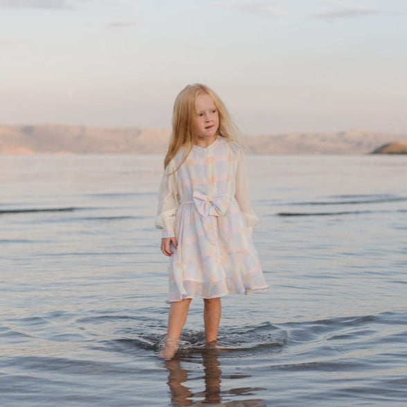 "A Symphony of Pastels" – Discover the Delightful Blend of Light Yellow, Pink, Orange, and Blue in FITTEM's Girl's Dress.