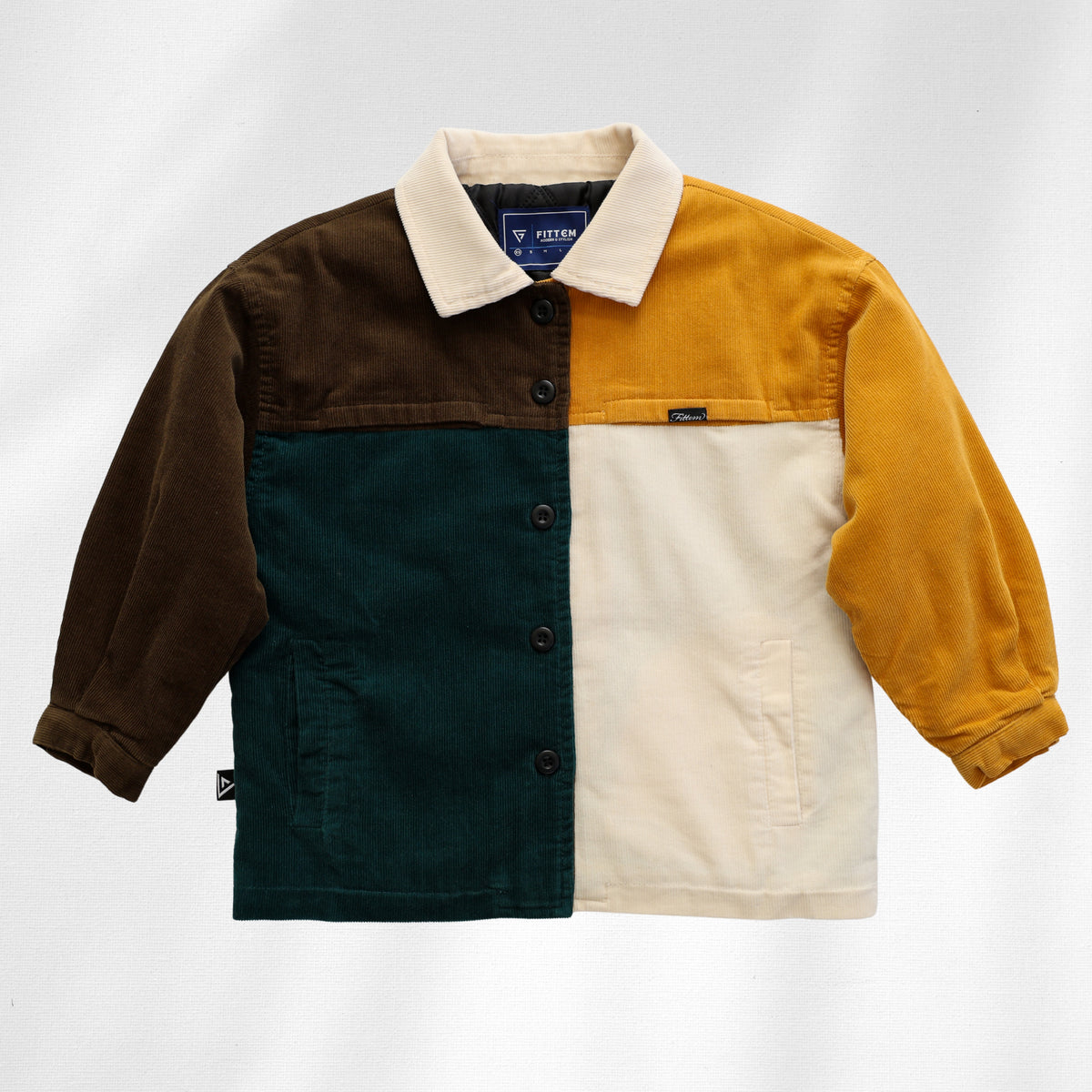 The 365 Jacket front with brown, yellow, cream and dark green color blocks