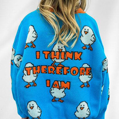 Chicklet Cardi back detail with chick motifs and orange I think therefore I am lettering