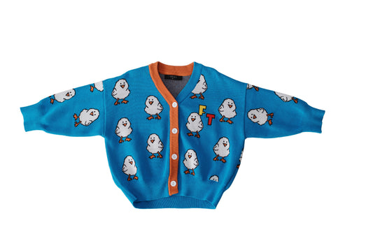 Blue Chicklet Cardi with orange trim, white chick motifs and four front buttons