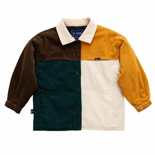 The 365 Jacket with brown, mustard, cream and dark green panels, a cream collar, five dark front buttons and front pockets.