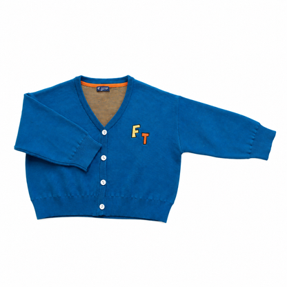 Blue Watch Me Grow Cardi with four white buttons, yellow F and orange T chest embroidery and one folded sleeve.