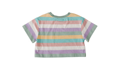 Rainbow Stripe Tee back with pastel horizontal stripes and short sleeves