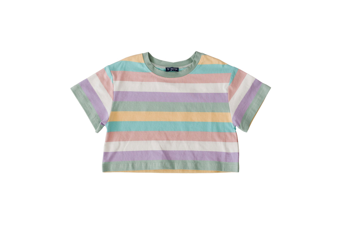 Rainbow Stripe Tee front with pastel horizontal stripes and a green crew neckline