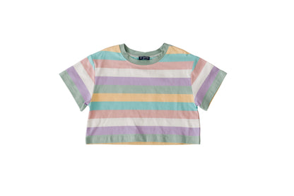 Rainbow Stripe Tee front with pastel horizontal stripes and a green crew neckline
