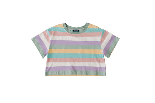 Rainbow Child Tee front with pastel horizontal stripes and a green crew neckline