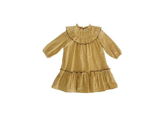 The Bumblebee Dress is shown flat with a mustard-yellow floral print, ruffled collar and hem, and dark piping.