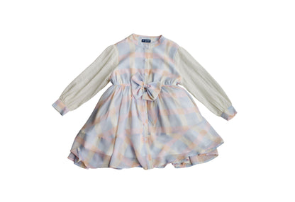 Twirl Me Dress front with pastel plaid, a waist bow, buttons and textured cream sleeves