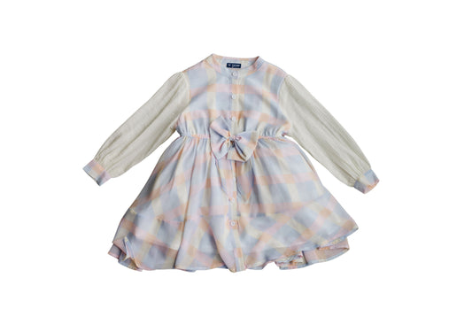 Twirl Me Dress front with pastel plaid, a waist bow, buttons and textured cream sleeves