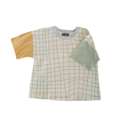 Two Scoops Tee front with a fine check pattern and contrasting yellow and green sleeves